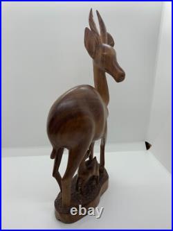 VTG Hand Carved Wood Sculpture Gazelle Antelope Nursing Suckling Baby Mother
