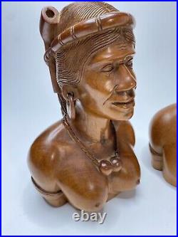 VTG Hand Carved Wood Sculpture Igorot Tribe Man Woman Bust Philippine 12