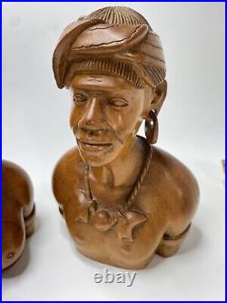 VTG Hand Carved Wood Sculpture Igorot Tribe Man Woman Bust Philippine 12