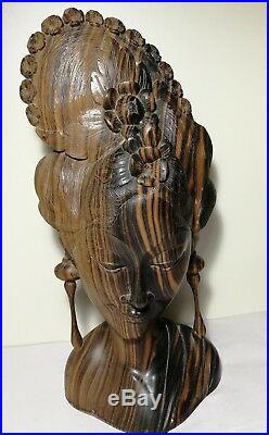 VTG Indonesia Hand carved (hard wood) Rosewood lady head sculpture big H31cm