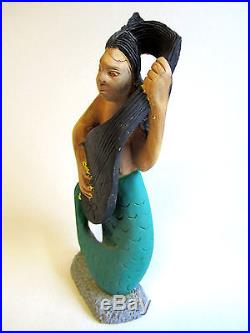 VTG Joseph Nacius Fine Wood Carving Haiti Sculpture c. 80s Mermaid Playing Guitar