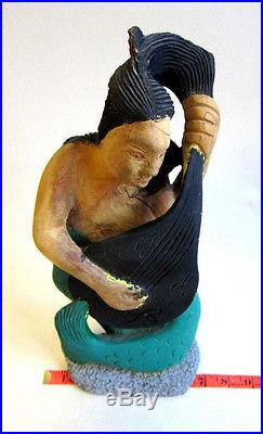 VTG Joseph Nacius Fine Wood Carving Haiti Sculpture c. 80s Mermaid Playing Guitar
