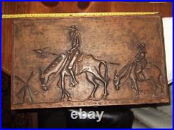 VTG LARGE DON QUIXOTE CARVED WOOD PANEL WithWINDMILL& PANZA 19.4in X 11.4 X 5/8in