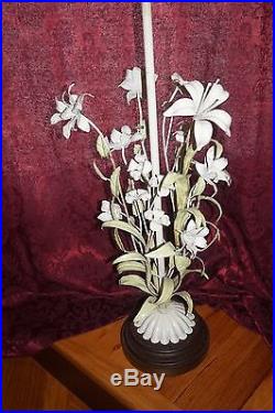 VTG Metal Floral Sculpture Table Lamp Calla Lily Carved Wood Base Flower Art