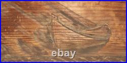 VTG RUSTIC KOTKA FINLAND CARVED WOODWALL ART CABIN withBOAT ON BEACH M Kuparinen
