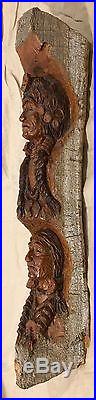 VTG Ronald J. Adamson Two Chiefs Hand Carved Cottonwood Bark Wall Hanging