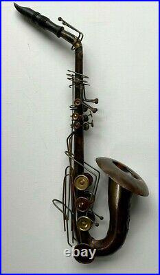 VTG Saxophone Metal Wall or Table Art Handmade Mixed Media Copper Iron & Wood