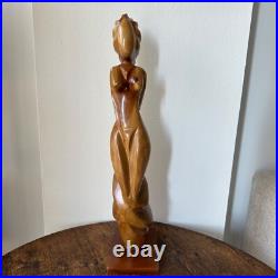 VTG Sculpture Mid Century Wood Carved figure Female abstract Art Modernist 22 in