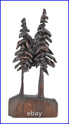 VTG Tall Cryptomeria Carved Wood 2 Pine Trees on Base Sculpture Rustic Décor 23