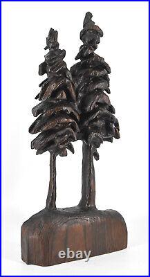 VTG Tall Cryptomeria Carved Wood 2 Pine Trees on Base Sculpture Rustic Décor 23