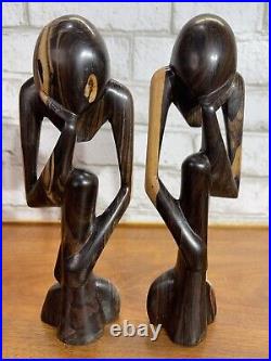 VTG Wood The Thinker Art Sculpture Carved Figure Minimalist Abstract Set Of 2