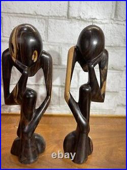 VTG Wood The Thinker Art Sculpture Carved Figure Minimalist Abstract Set Of 2