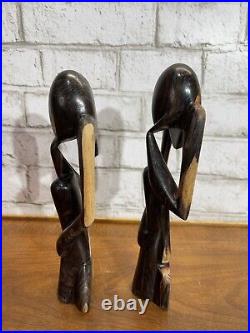 VTG Wood The Thinker Art Sculpture Carved Figure Minimalist Abstract Set Of 2