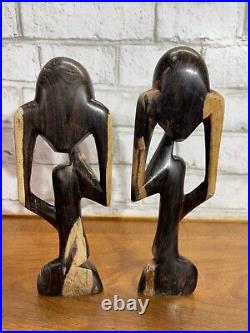 VTG Wood The Thinker Art Sculpture Carved Figure Minimalist Abstract Set Of 2