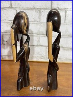 VTG Wood The Thinker Art Sculpture Carved Figure Minimalist Abstract Set Of 2