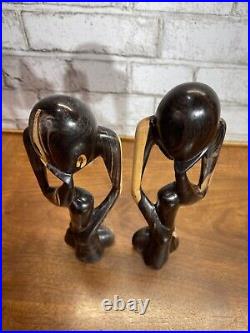 VTG Wood The Thinker Art Sculpture Carved Figure Minimalist Abstract Set Of 2