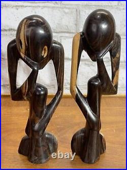 VTG Wood The Thinker Art Sculpture Carved Figure Minimalist Abstract Set Of 2