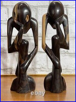 VTG Wood The Thinker Art Sculpture Carved Figure Minimalist Abstract Set Of 2