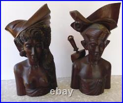 Very Fine Indonesian Bali Carved Wood Bust Pair Man & Woman 14 tall Vtg Statues