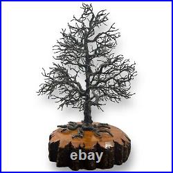 Vintage 12.75 Welded Metal Tree Sculpture Wood Base Organic Brutalist