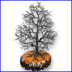 Vintage 12.75 Welded Metal Tree Sculpture Wood Base Organic Brutalist