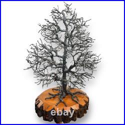 Vintage 12.75 Welded Metal Tree Sculpture Wood Base Organic Brutalist
