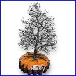 Vintage 12.75 Welded Metal Tree Sculpture Wood Base Organic Brutalist