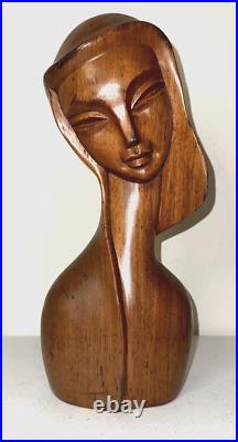 Vintage 12' Wood Carved Bust Made In Philippines Lady Woman