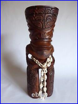 Vintage 14 Hawaiian Polynesian Standing Tiki God Wood Carving Totem Shell Lei