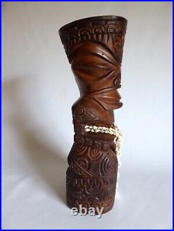 Vintage 14 Hawaiian Polynesian Standing Tiki God Wood Carving Totem Shell Lei