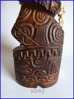 Vintage 14 Hawaiian Polynesian Standing Tiki God Wood Carving Totem Shell Lei