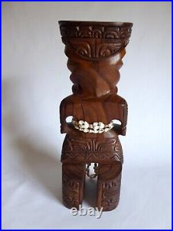 Vintage 14 Hawaiian Polynesian Standing Tiki God Wood Carving Totem Shell Lei