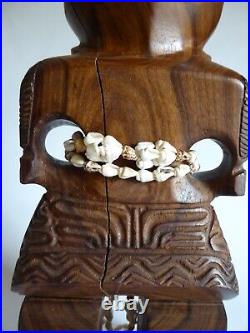 Vintage 14 Hawaiian Polynesian Standing Tiki God Wood Carving Totem Shell Lei