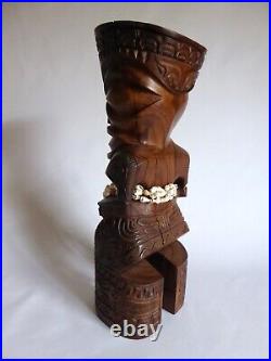 Vintage 14 Hawaiian Polynesian Standing Tiki God Wood Carving Totem Shell Lei