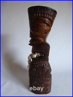 Vintage 14 Hawaiian Polynesian Standing Tiki God Wood Carving Totem Shell Lei