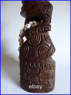 Vintage 14 Hawaiian Polynesian Standing Tiki God Wood Carving Totem Shell Lei