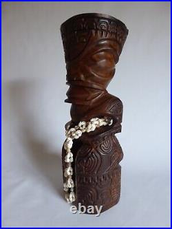 Vintage 14 Hawaiian Polynesian Standing Tiki God Wood Carving Totem Shell Lei