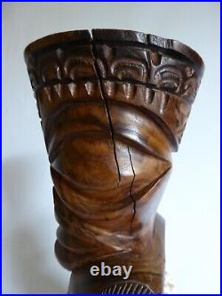 Vintage 14 Hawaiian Polynesian Standing Tiki God Wood Carving Totem Shell Lei