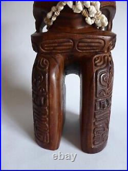 Vintage 14 Hawaiian Polynesian Standing Tiki God Wood Carving Totem Shell Lei