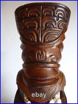 Vintage 14 Hawaiian Polynesian Standing Tiki God Wood Carving Totem Shell Lei