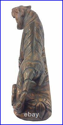 Vintage 15 Carved Solid Walnut Wood Statue Prowling Bengal Tiger Netsuke Figure