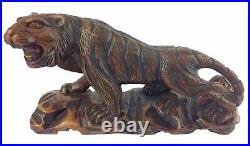 Vintage 15 Carved Solid Walnut Wood Statue Prowling Bengal Tiger Netsuke Figure