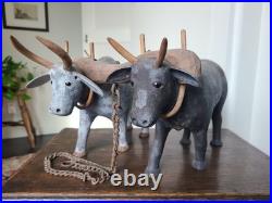 Vintage 1970's Folk Art Wood Sculpture Pair of Oxen Signed S. L. Sutton Americana