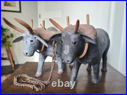 Vintage 1970's Folk Art Wood Sculpture Pair of Oxen Signed S. L. Sutton Americana