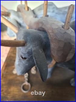 Vintage 1970's Folk Art Wood Sculpture Pair of Oxen Signed S. L. Sutton Americana