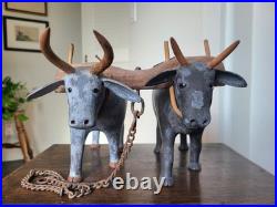 Vintage 1970's Folk Art Wood Sculpture Pair of Oxen Signed S. L. Sutton Americana
