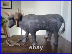 Vintage 1970's Folk Art Wood Sculpture Pair of Oxen Signed S. L. Sutton Americana