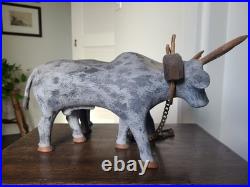 Vintage 1970's Folk Art Wood Sculpture Pair of Oxen Signed S. L. Sutton Americana
