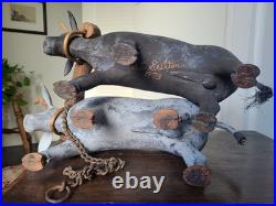 Vintage 1970's Folk Art Wood Sculpture Pair of Oxen Signed S. L. Sutton Americana