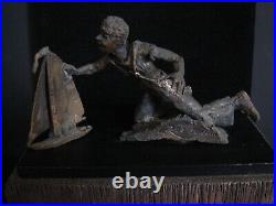 Vintage 1970's ROBERT ROESCH Bronze Sculpture Boy Sailing Boat Wood Base 6 inch